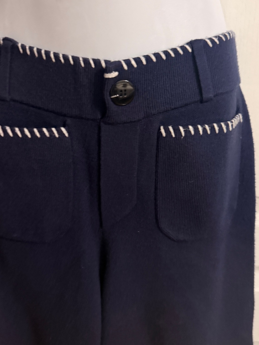 Maeve Navy Knit Wide-Leg Pants with White Trim
